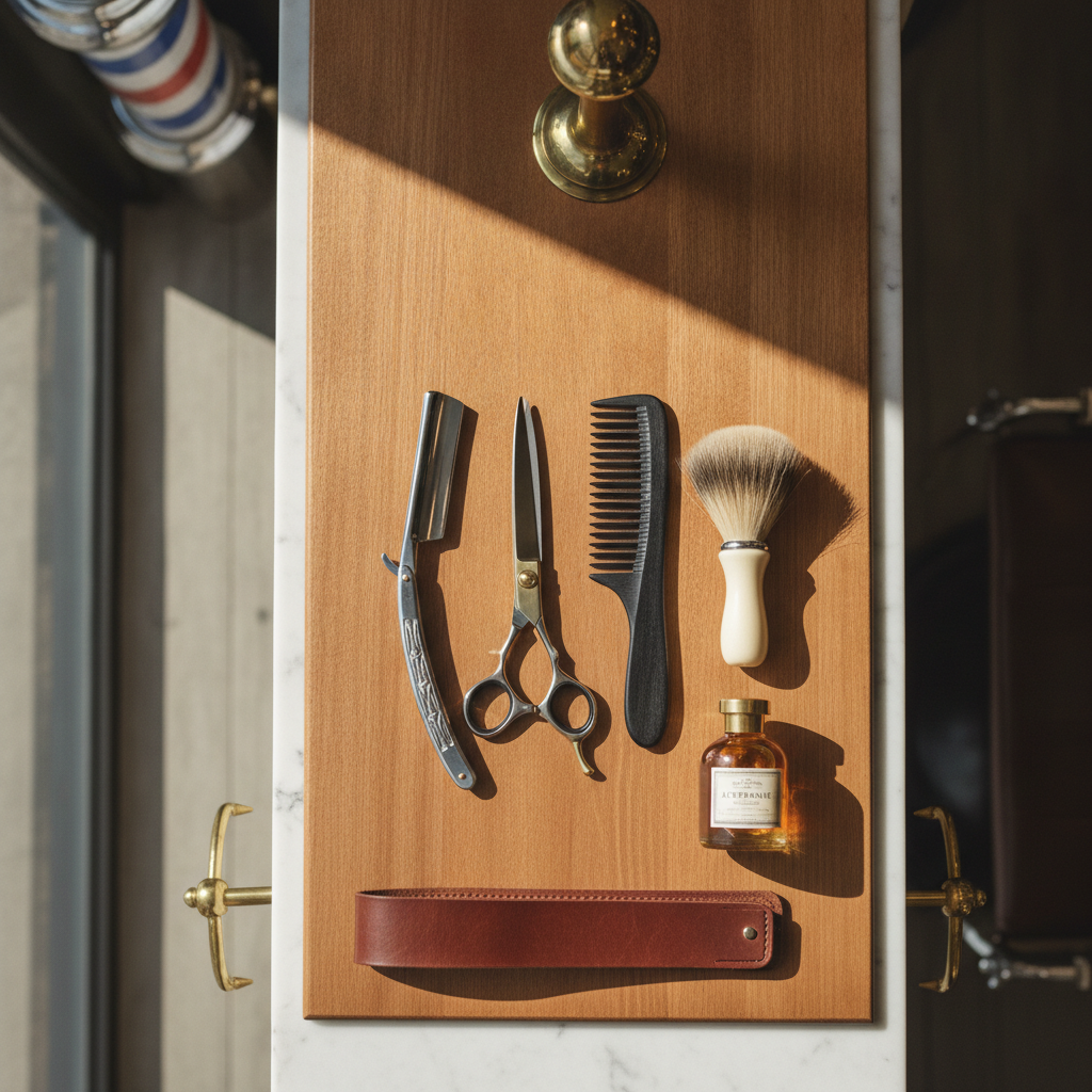 Straight razors, combs, and barber tools laid out at Sun Lakes Barbershop