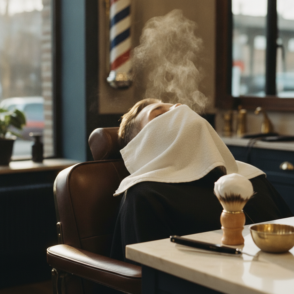 Hot towel straight-razor shave in progress at Sun Lakes Barbershop